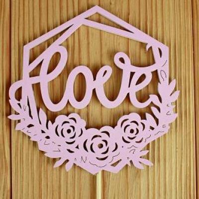 Топпер деревянный Love в рамке с цветами (11.5*30) Розовый 153691