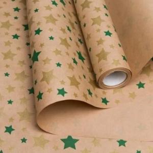 Бумага упаковочная крафт в рулоне 70 см*10 м Звезды зеленый/золото 70 г/м2