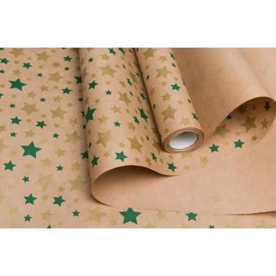 Бумага упаковочная крафт в рулоне 70 см*10 м Звезды зеленый/золото 70 г/м2