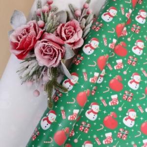 Бумага упаковочная новогодняя глянцевая 70*100 см Снеговик и мешок на зеленом 10 л/уп 568026