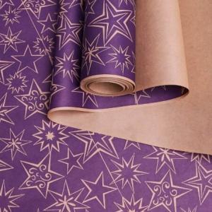 Бумага упаковочная новогодняя крафт 70 см*10 м Звездный микс фиолетовый 70 г/м2