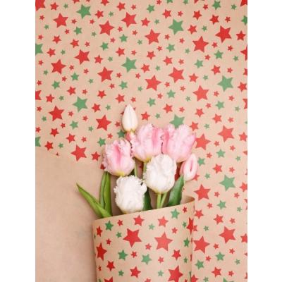 Бумага упаковочная новогодняя крафт 70 см*10 м Звезды зеленый/ягодный пунш 70 г/м2