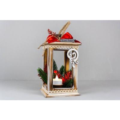 Фонарь с новогодней композицией, со свечой 11*11*20 см Дерево обжиг/красный 15424