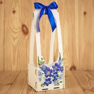 Кашпо подарочное деревянное 11*11*29 см Голубые цветы под бутылку 15216