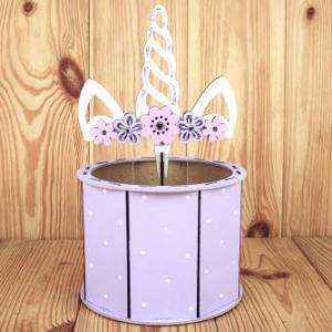 Кашпо подарочное деревянное 17*17*13 см Единорог+топпер сиреневый/розовый 150931