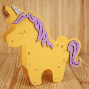 Кашпо подарочное деревянное 27.2*8.5*26.5 см Единорог желтый/сиреневый 150654