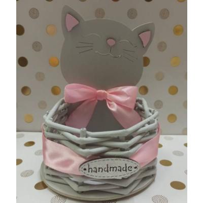 Корзинка плетёная из лозы 12.5*9*16.5 см Котик с бантом серый/розовый 154002
