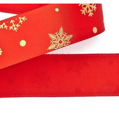 Лента атласная 2.5 см 20 ярд Снежинки красный/золото 171698