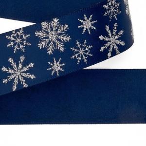 Лента атласная 2.5 см 20 ярд Снежинки темно-синий 171699