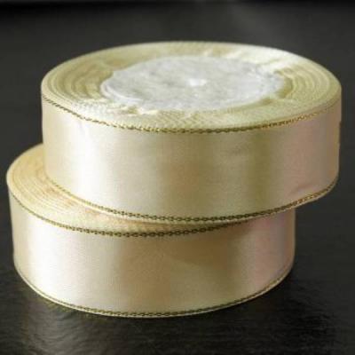 Лента атласная сатин 2.5 см*25 Y Бежевый с золотой полосой 534411