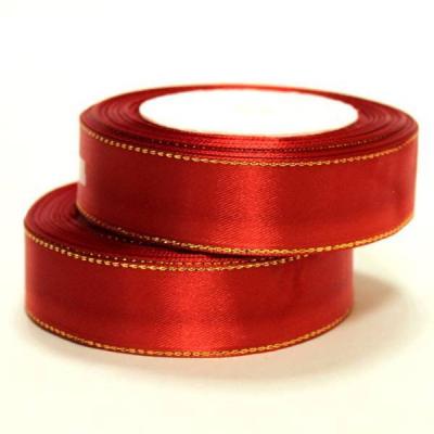 Лента атласная сатин 2.5 см*25 Y Красный с золотой полосой 534413