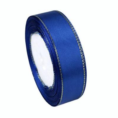 Лента атласная сатин 2.5 см*25 Y Синий с золотой полосой 534415