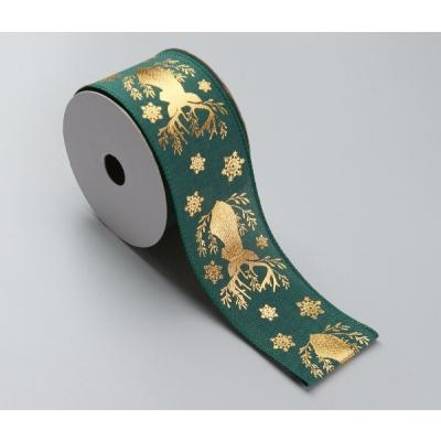 Лента новогодняя декоративная Олени 6.3*10 ярд Зеленый/золотой 50155