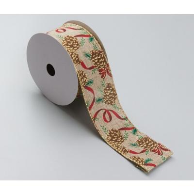 Лента новогодняя декоративная Шишки на веточке 6.3*10 ярд Натуральный/зеленый/красный 50167