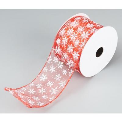Лента новогодняя декоративная Снежинки 6.3*10 ярд Красный/серебро 50162