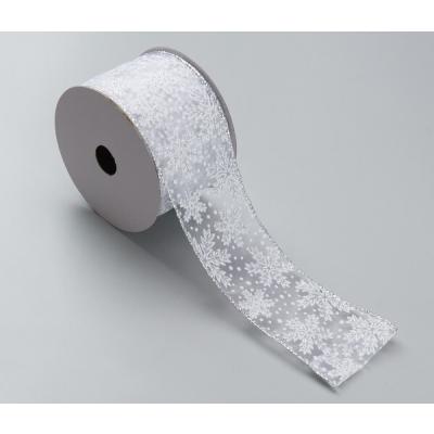 Лента новогодняя декоративная Снежинки 6.3*10 ярд Серебро 50163