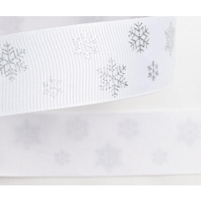 Лента репсовая 2.5 см 20 ярд Снежинки белый/серебро 171692