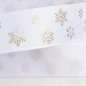 Лента репсовая 2.5 см 20 ярд Снежинки белый/золотой 171691