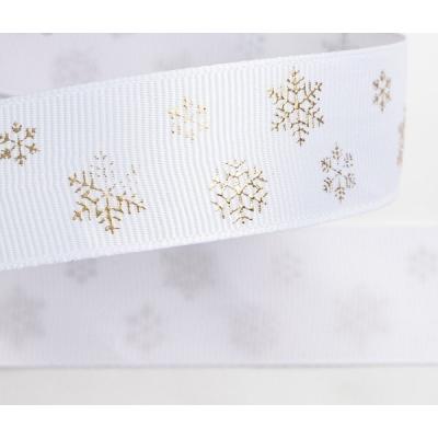 Лента репсовая 2.5 см 20 ярд Снежинки белый/золотой 171691