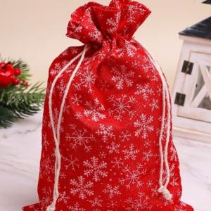 Мешок холщовый 20*30 см Снежинки белые красный 621903