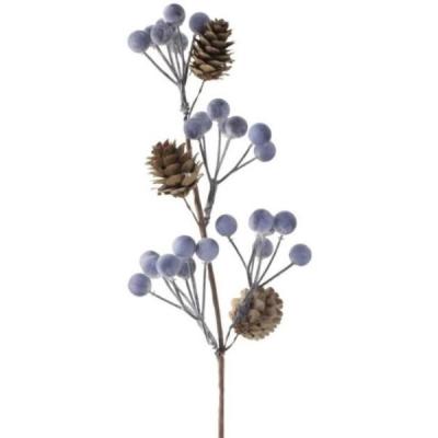 Новогодняя декоративная ветка с синими ягодками и шишками 33 см 50178