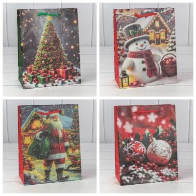 Пакет подарочный новогодний бумажный 18х23х10 см Новый год (микс) 443536