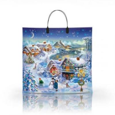Пакет подарочный новогодний полиэтиленовый с пластиковой ручкой 36х34 см 80 мкм Домики 10 шт