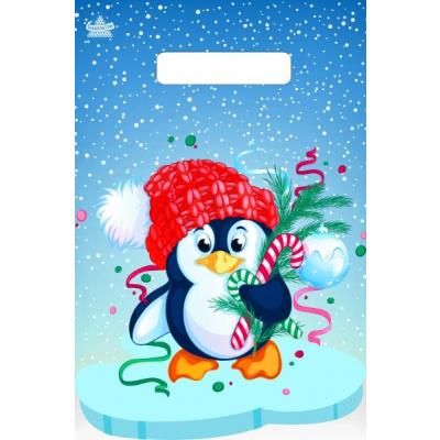 Пакет подарочный новогодний полиэтиленовый с прорубной ручкой 20х30 см 30 мкм Пингвин на льдине 100 шт