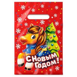 Пакет подарочный новогодний полиэтиленовый с прорубной ручкой 20х30 см 30 мкм Жеребенок 100 шт