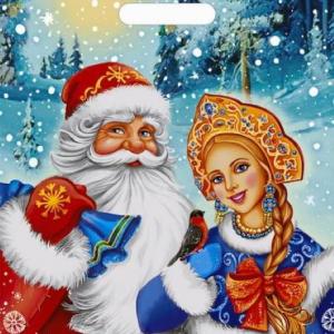 Пакет подарочный новогодний полиэтиленовый с прорубной ручкой 31х40 см 60 мкм Дед Мороз и Снегурочка 50 шт