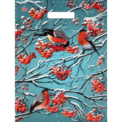 Пакет подарочный новогодний полиэтиленовый с прорубной ручкой 31х40 см 60 мкм Снегири на рябине 50 шт