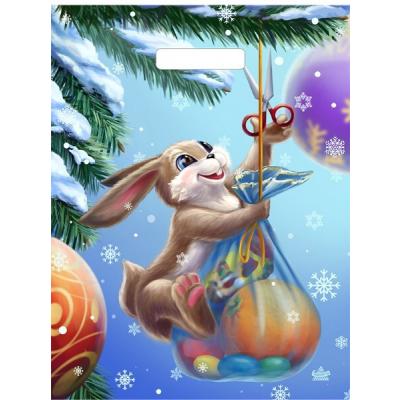 Пакет подарочный новогодний полиэтиленовый с прорубной ручкой 31х40 см 60 мкм Зайка с подарком 50 шт