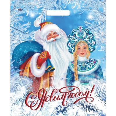 Пакет подарочный новогодний полиэтиленовый с прорубной ручкой 38х45 см 60 мкм Дед Мороз и Снегурочка 50 шт