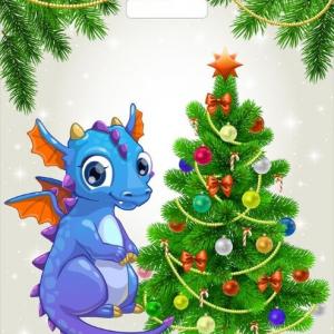 Пакет подарочный новогодний полиэтиленовый с прорубной ручкой 38х45 см 60 мкм Дракоша у елки 50 шт