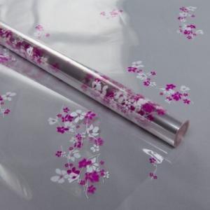 Пленка упаковочная прозрачная с рисунком для цветов и подарков в рулоне Анютины глазки 70 см Бело-фуксия