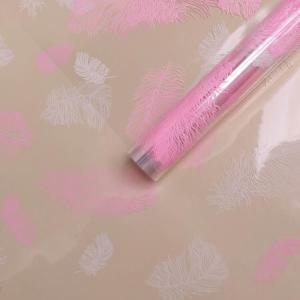 Пленка упаковочная прозрачная с рисунком для цветов и подарков в рулоне Перышки 60 см Белый/розовый жемчуг 621388