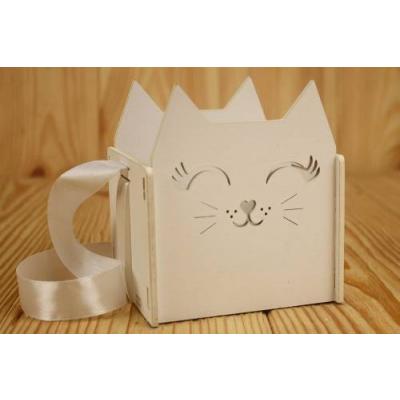 Подарочное кашпо деревянное 10*9.5*11 см Киска белый 150581