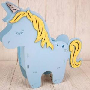 Подарочное кашпо деревянное 21.5*7*21 см Единорог голубой/желтый 150648