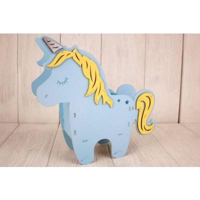 Подарочное кашпо деревянное 21.5*7*21 см Единорог голубой/желтый 150648