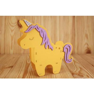 Подарочное кашпо деревянное 21.5*7*21 см Единорог малый желтый/сиреневый 150644