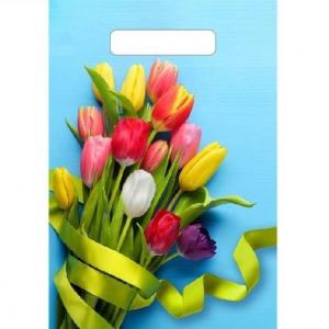 Полиэтиленовый пакет ПВД с прорубной ручкой 30 мкм 30х20 см Тюльпаны на голубом 100 шт