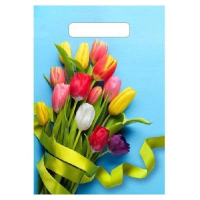 Полиэтиленовый пакет ПВД с прорубной ручкой 30 мкм 30х20 см Тюльпаны на голубом 100 шт