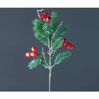 Ветка декоративная еловая с красными ягодами 54 см 50103