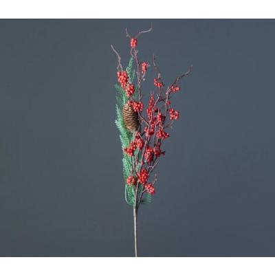 Ветка декоративная с красными ягодами и шишкой 70 см 50116