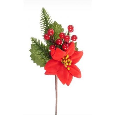 Ветка с ягодами и цветком пуансеттии 27 см 50136