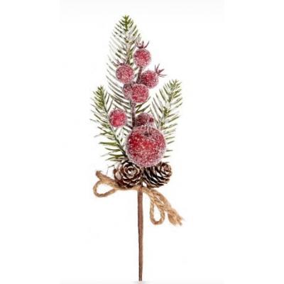 Ветка с заснеженными яблоком, ягодами и шишками 25 см 50134