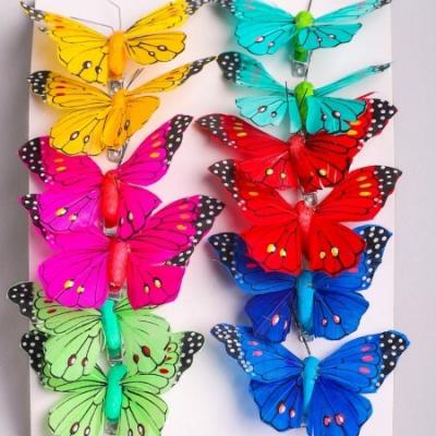 Бабочки 8 см на прищепке 12 шт цветные 1024