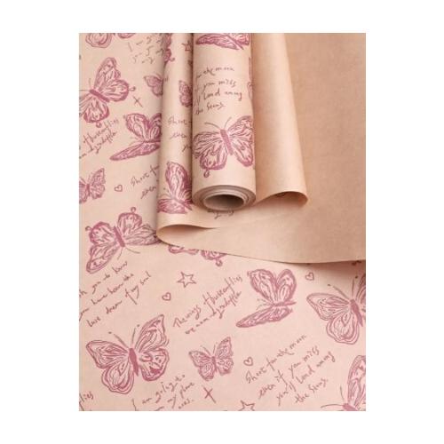 Бумага упаковочная крафт в рулоне 70 см*10 м Бабочки фиолетовый пурпур 70 г/м2