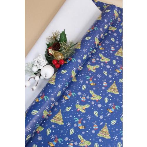 Бумага упаковочная новогодняя глянцевая 70*100 см Елочки на синем 10 л/уп 568036