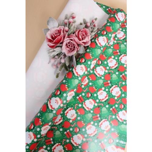 Бумага упаковочная новогодняя глянцевая 70*100 см Краснощекий Дед Мороз на зеленом 10 л/уп 568024